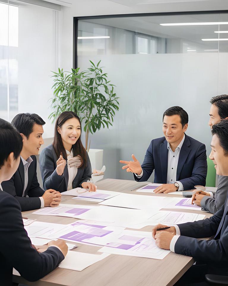 富士市の明るいオフィスで資料を囲み事業計画を話し合うコンサルタントチーム