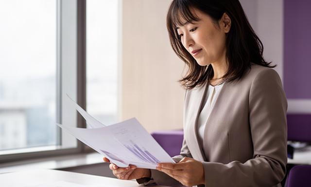 窓辺の会議室で資料を確認する代表取締役の日本人女性