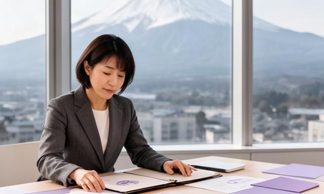富士山を望むオフィスで市場資料を整理する日本人女性コンサルタント